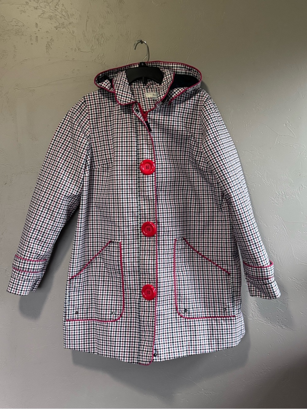 Boden Women’s Houndstooth Raincoat Size 14R Removable Hood Red Trim